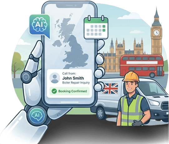 AI assistant handling calls with UK landmarks in background